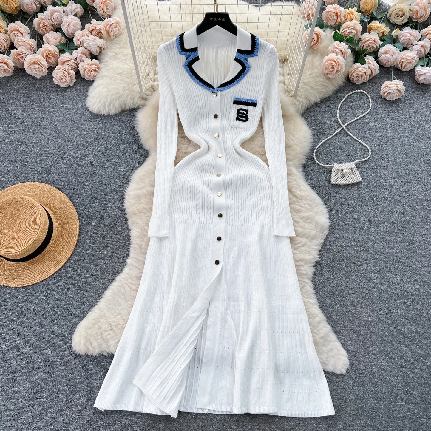 Women Elegant Knitted Dress Spring Autumn Long Sleeve Sexy V-neck Bodyon Dresses Ladies Slim A-line Single Breasted Sweater Robe