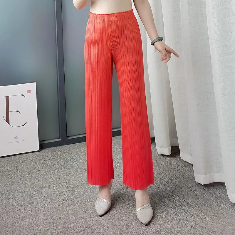 Miyake Pleats Classic Solid Color Simple Drape Straight-leg Pants Women 2023 Summer High Elastic Waist All-matched Pants