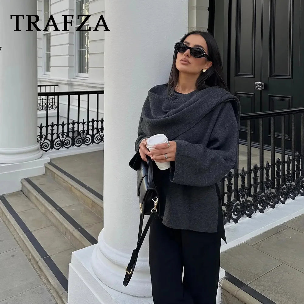 TRAFZA 2024 Autumn Winter Women Casual Knitted Jacket Fashion Solid Streetwear Loose Scarf Collar Demi-season Jacket For Women