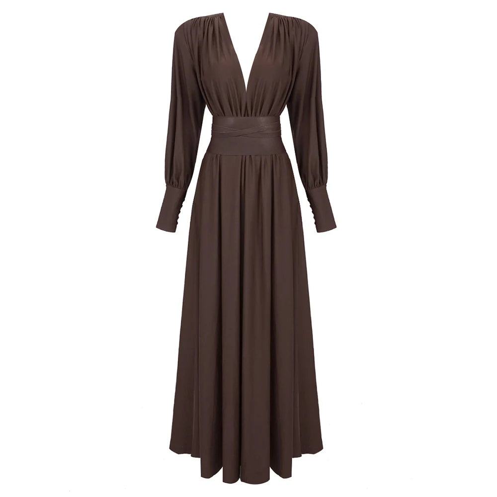 VC 2024 Spring Fashion Dresses For Women Plunging V Neck High Waist Belt Long Sleeves Wedding Party Dress Brown Gowns