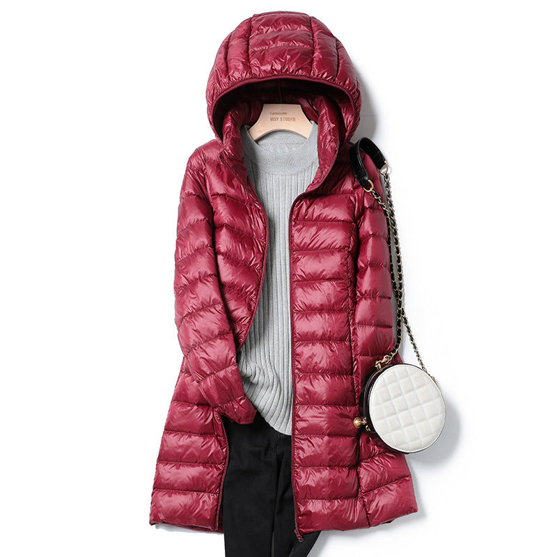 Women's X-long Office Lady Hat Detachable Puffer Jackets 2023 New Arrival Autumn Winter White Duck Down Warm Coat