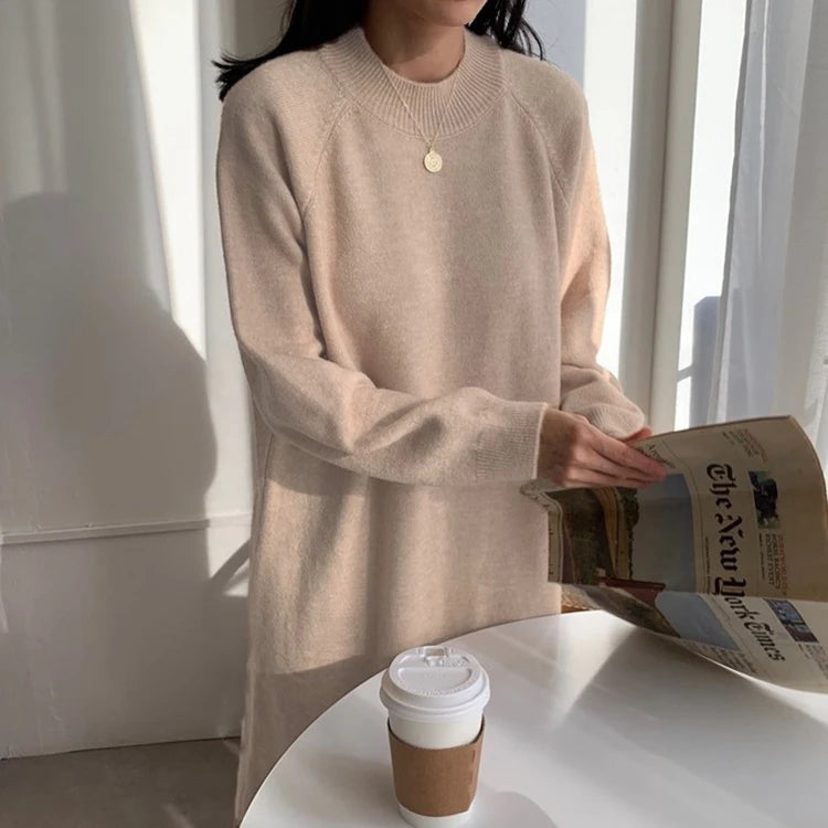 REALEFT Autumn Winter 2023 New O-Neck Casual Loose Knitted Dress Female Straight Long Sleeve Oversize Sweater Womens Long Dress