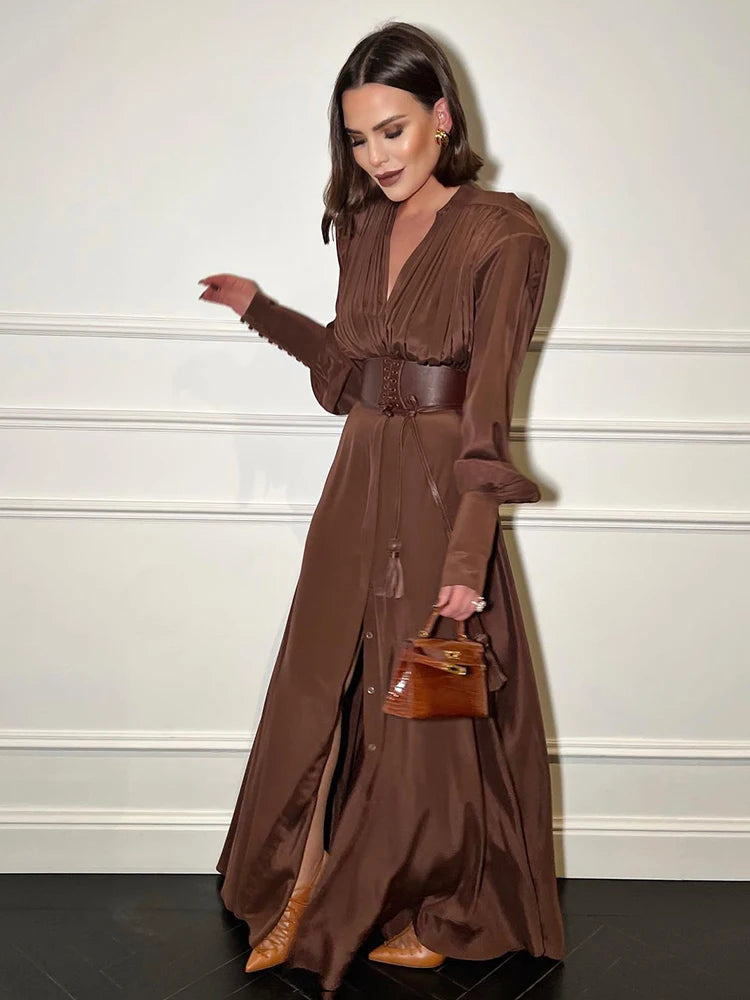 VC 2024 Spring Fashion Dresses For Women Plunging V Neck High Waist Belt Long Sleeves Wedding Party Dress Brown Gowns