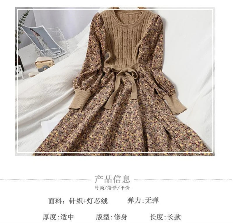 2023 Autumn Winter New Korean Version of Age-reducing Splicing Strap Slimming Knitted Long Dress Fashion Corduroy Floral Dress