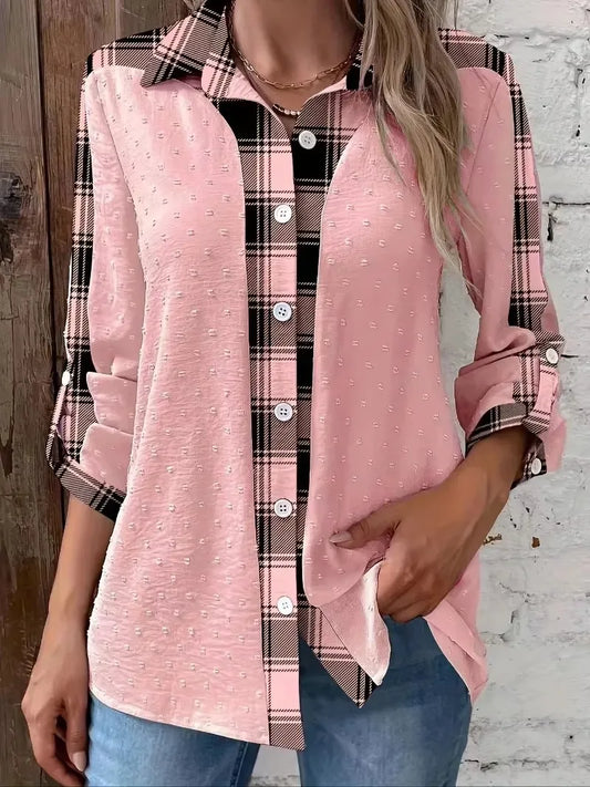 Women's Plus Size 1XL-5XL Striped Long Sleeved Button Front Shirt Collar Top Plaid Patchwork Casual Blouse T-Shirts