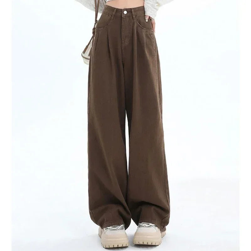 Woman High Waist Fashion Thermal Wide Leg Jeans Female Y2k Clothes Baggy Pants Girl Winter Snow Warm Khaki Coffee Denim Trousers