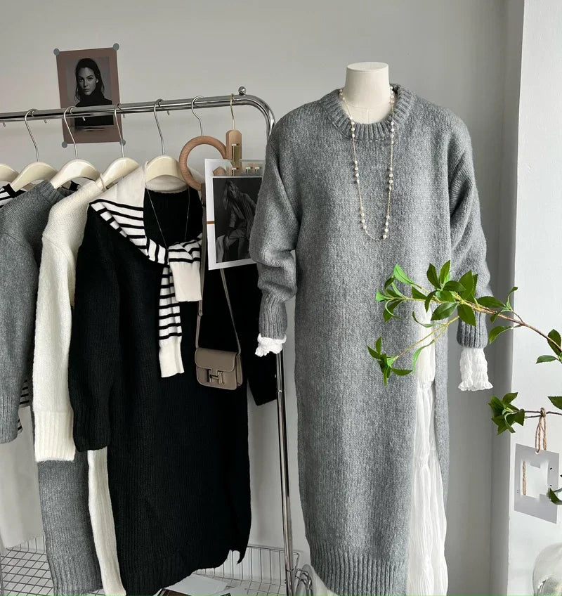 Winter Women Knitted Dress y2k V Neck Sexy Slim Elastic Loose Basic Bodycon Sweater Dress Winter knit Autumn Warm Long Dress