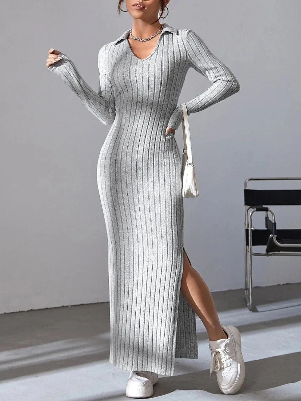 2024 Europe And The United States Autumn And Winter New Knitted Slim-Fit Lapel Long Sleeve Pit Strip Solid Color Tight Dress