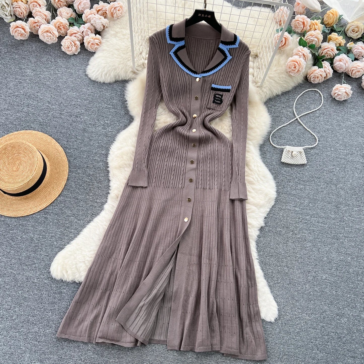 Women Elegant Knitted Dress Spring Autumn Long Sleeve Sexy V-neck Bodyon Dresses Ladies Slim A-line Single Breasted Sweater Robe