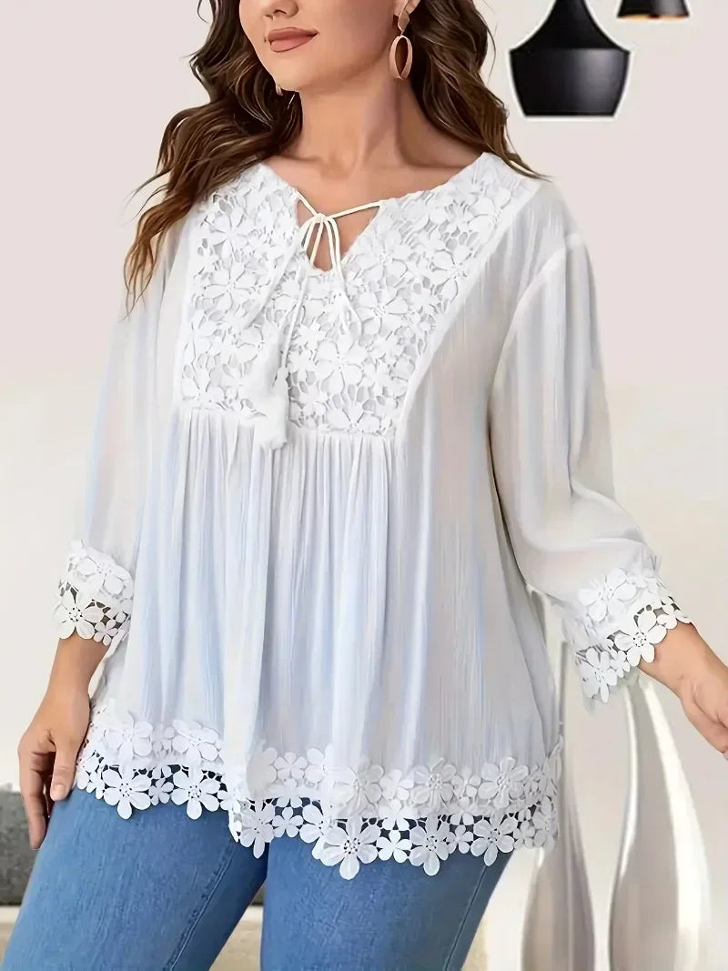 Plus Size 1XL-5XL Women's Casual Solid Color Shirt Ladies Fashion Lace Trim Spring Summer Casual Blouse Top