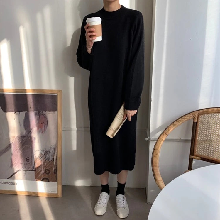 REALEFT Autumn Winter 2023 New O-Neck Casual Loose Knitted Dress Female Straight Long Sleeve Oversize Sweater Womens Long Dress