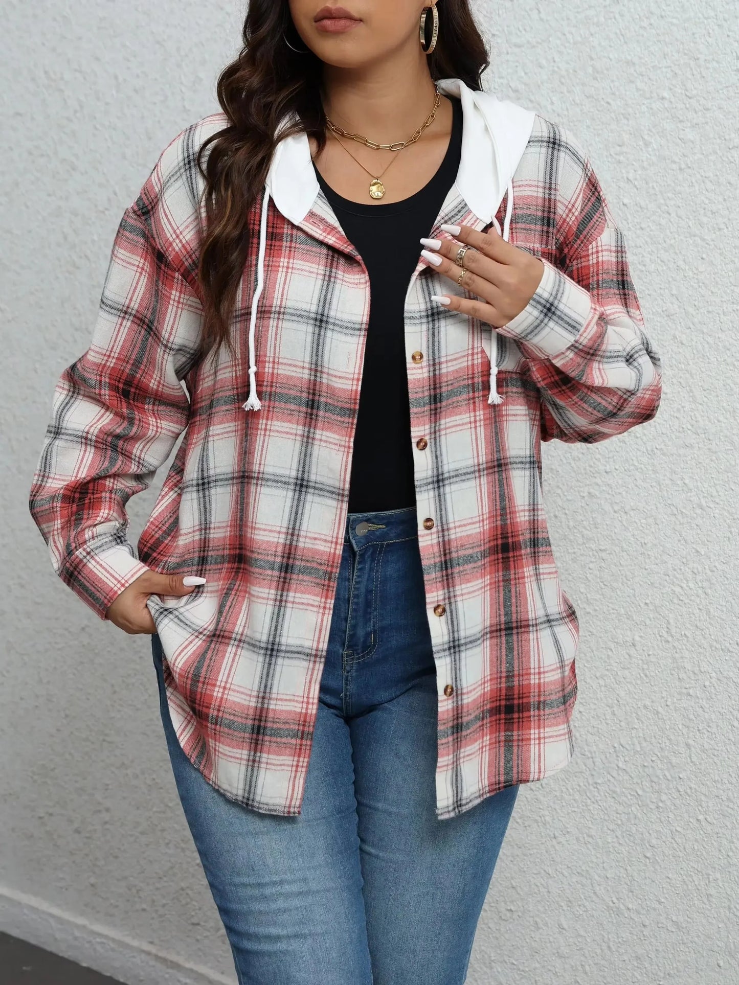 Plus Size 1XL-5XL Summer Women Casual Plaid Print Shirt Hooded Casual Long Sleeve Drawstring Shirt Fashion Loose Versatile Top