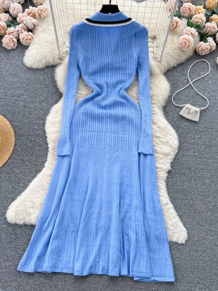 Women Elegant Knitted Dress Spring Autumn Long Sleeve Sexy V-neck Bodyon Dresses Ladies Slim A-line Single Breasted Sweater Robe