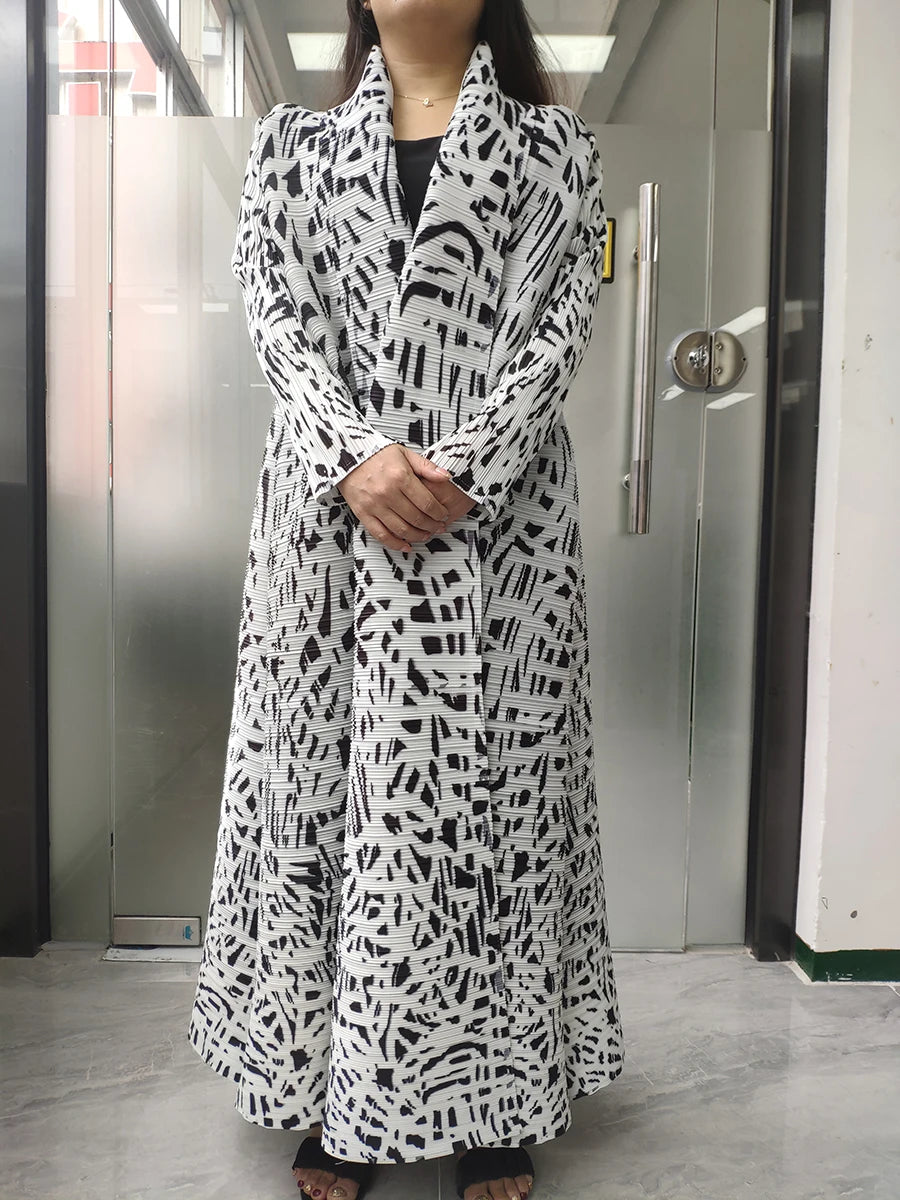 Miyake Pleated Vintage Printed Turn-down Collar Long Sleeve Long Jacket Women Designer Abaya New Dubai Style Plus Size Coats