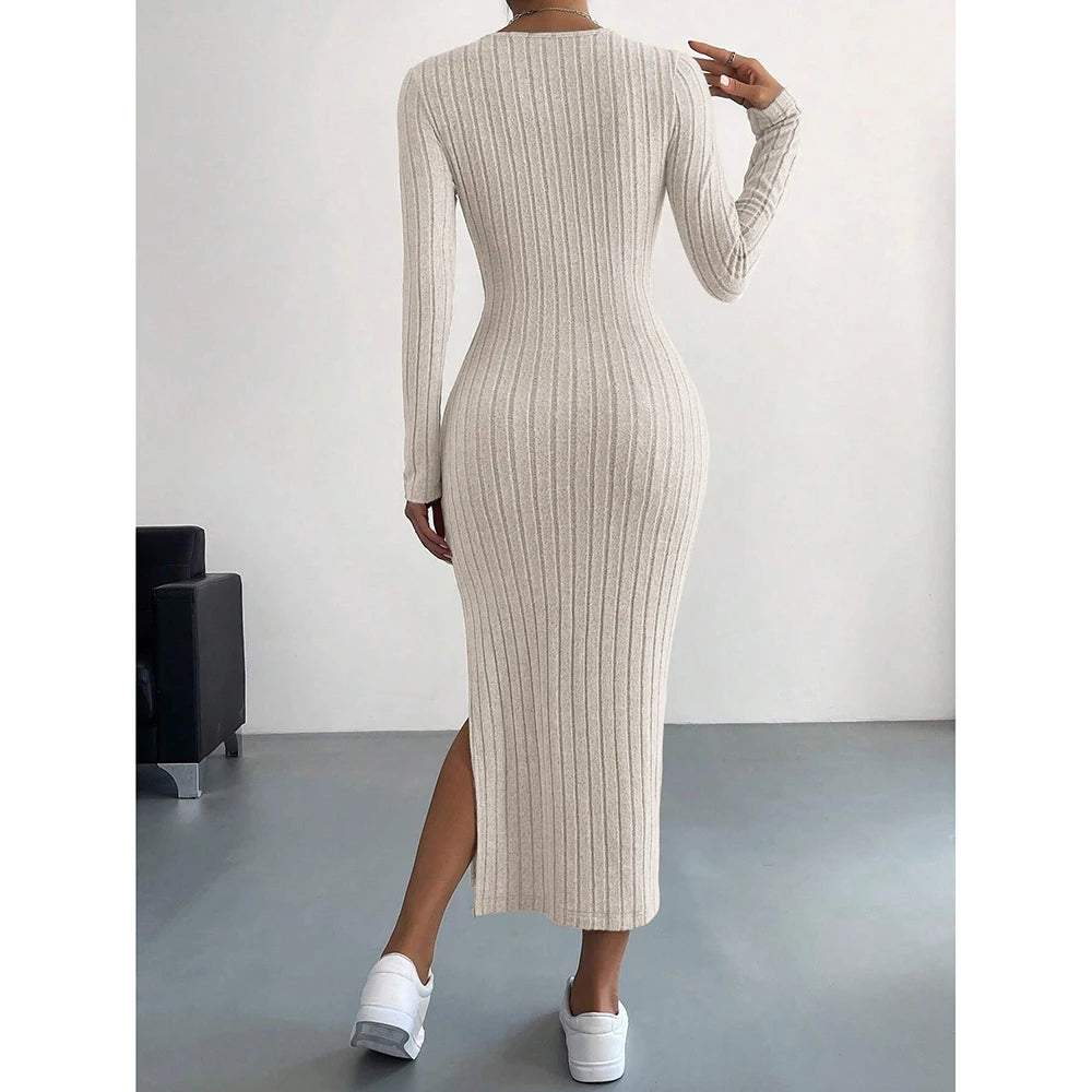 Mia Muse Women's Dresses Autumn French Plain Stripe Split Long Sleeve Scoop Neck Bodycon Full Length Maxi Casual Dresses