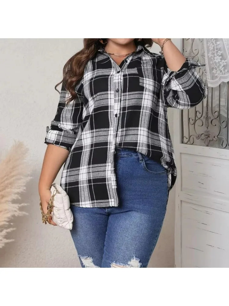 Women's New Fashionable Temperament Plus Size Women's Button Plaid Long Sleeved Top