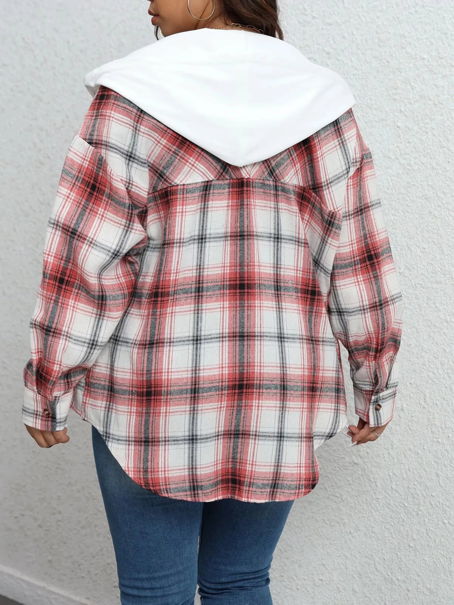 Plus Size 1XL-5XL Summer Women Casual Plaid Print Shirt Hooded Casual Long Sleeve Drawstring Shirt Fashion Loose Versatile Top