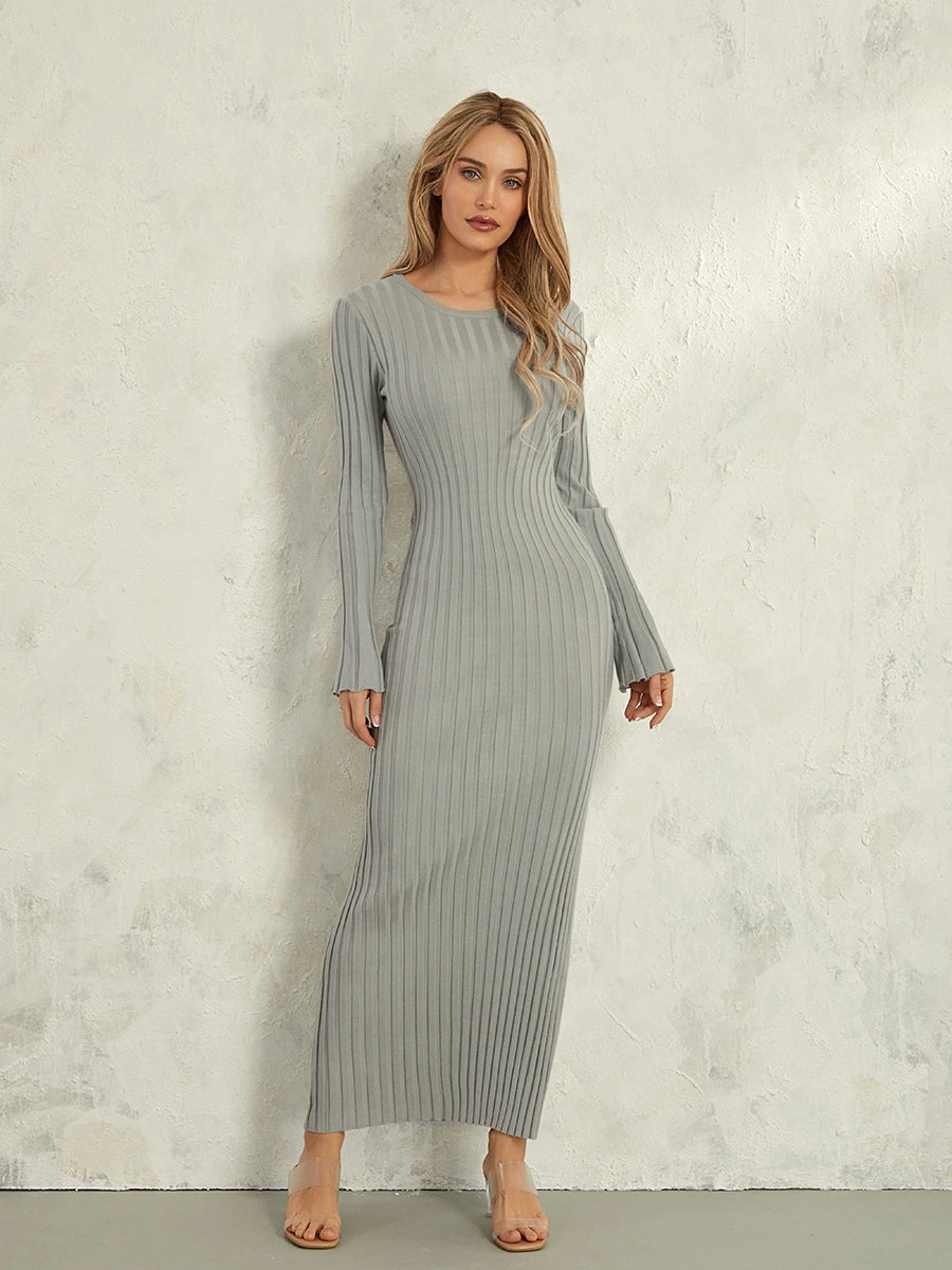 Women Spring Autumn Lace-up Knit Dress Elegant Long Sleeve Crew Neck Ribbed Solid Color Long Dress Streetwear