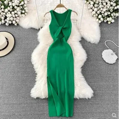 OCEANLOVE Korean Knitted Robe Femme Summer V Neck Sleeveless Kink Hollow Out Sexy Slim Bodycon Dress Split Fork Long Vestidos