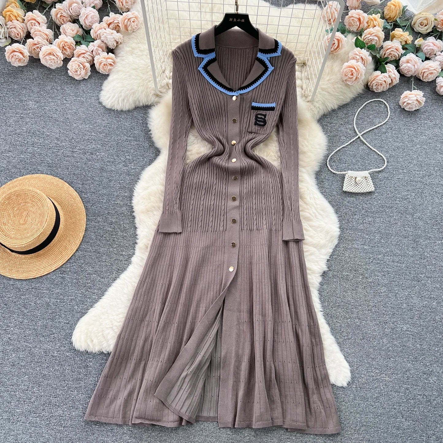 Women Elegant Knitted Dress Spring Autumn Long Sleeve Sexy V-neck Bodyon Dresses Ladies Slim A-line Single Breasted Sweater Robe