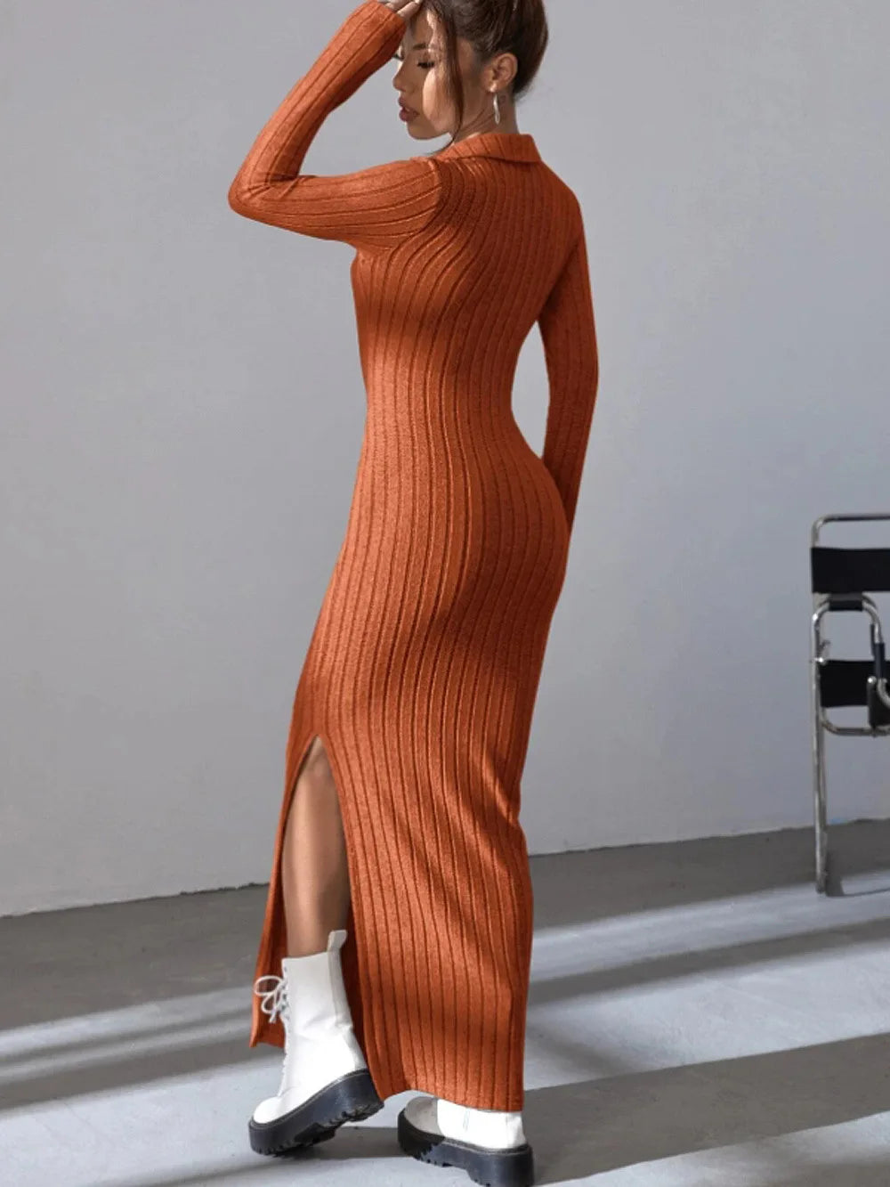 2024 Europe And The United States Autumn And Winter New Knitted Slim-Fit Lapel Long Sleeve Pit Strip Solid Color Tight Dress