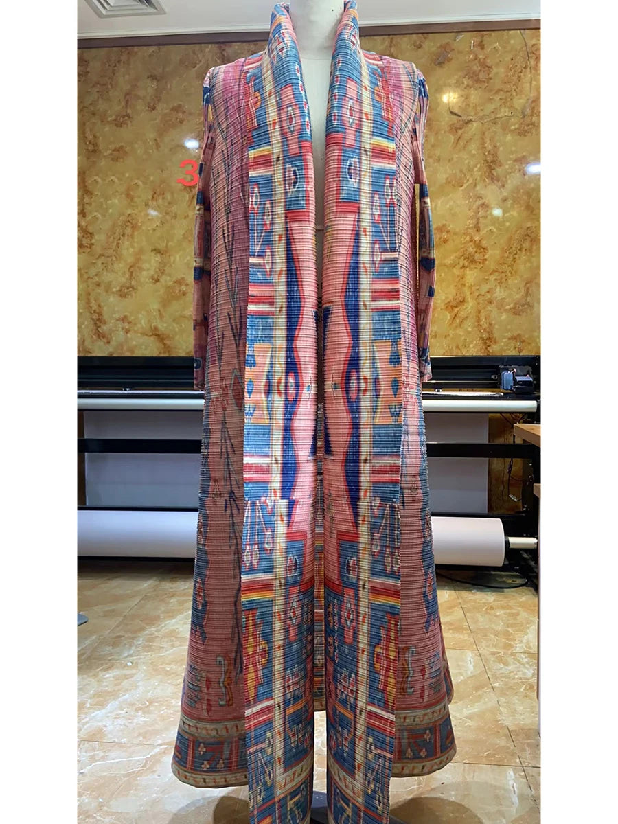 Miyake Pleated Vintage Printed Turn-down Collar Long Sleeve Long Jacket Women Designer Abaya New Dubai Style Plus Size Coats