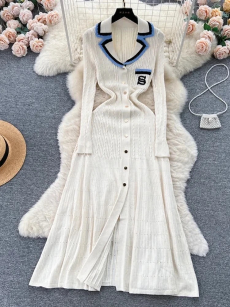 Women Elegant Knitted Dress Spring Autumn Long Sleeve Sexy V-neck Bodyon Dresses Ladies Slim A-line Single Breasted Sweater Robe