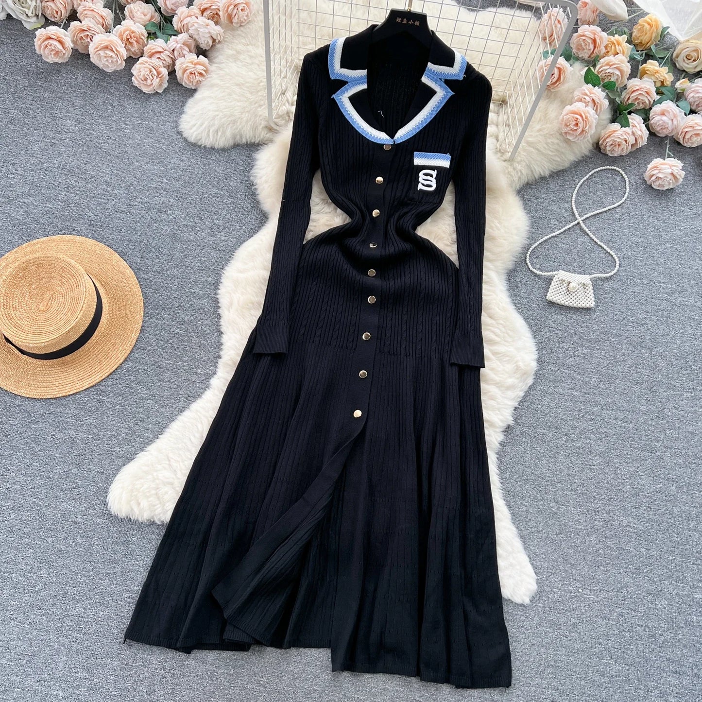 Women Elegant Knitted Dress Spring Autumn Long Sleeve Sexy V-neck Bodyon Dresses Ladies Slim A-line Single Breasted Sweater Robe