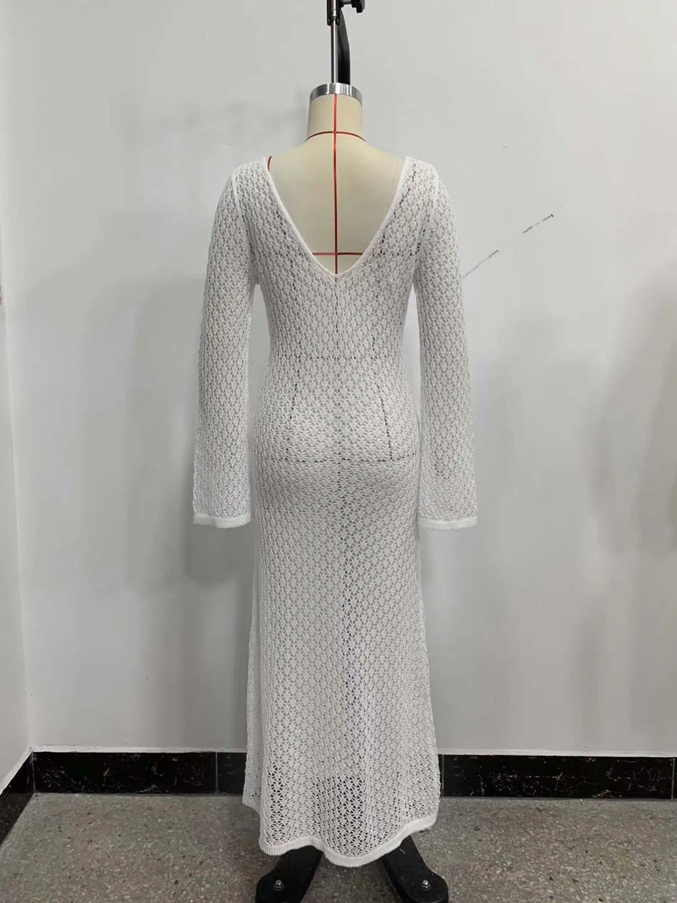 Sexy Women White Long Knit Sleeve Bikin Fashion Cover up Female See-Through Deep V-Neck Hollow-Out Beach Knitwear Backless Dress