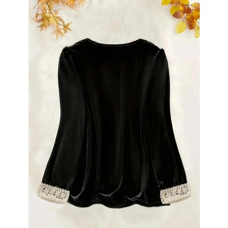 New Plus Size Contrast Lace Crew Neck Top  Casual Long Sleeve Top for Spring & Fall  Women's Plus Size Clothing