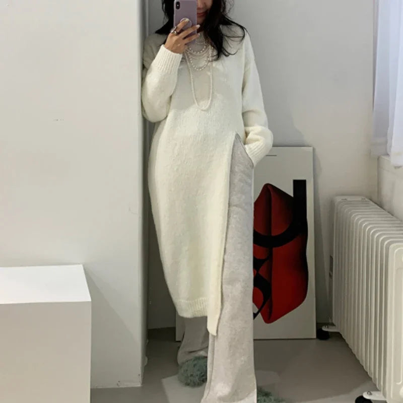 Winter Women Knitted Dress y2k V Neck Sexy Slim Elastic Loose Basic Bodycon Sweater Dress Winter knit Autumn Warm Long Dress