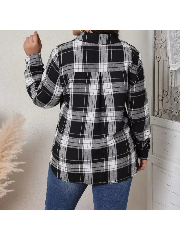 Women's New Fashionable Temperament Plus Size Women's Button Plaid Long Sleeved Top