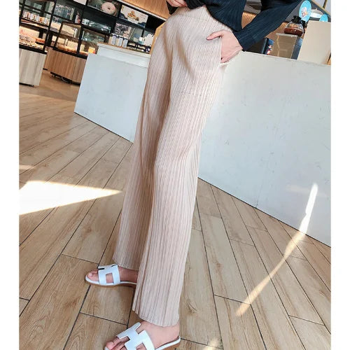 Miyake Pleats Classic Solid Color Simple Drape Straight-leg Pants Women 2023 Summer High Elastic Waist All-matched Pants