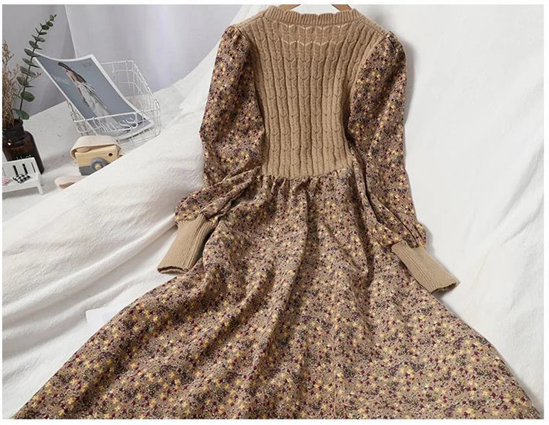 2023 Autumn Winter New Korean Version of Age-reducing Splicing Strap Slimming Knitted Long Dress Fashion Corduroy Floral Dress