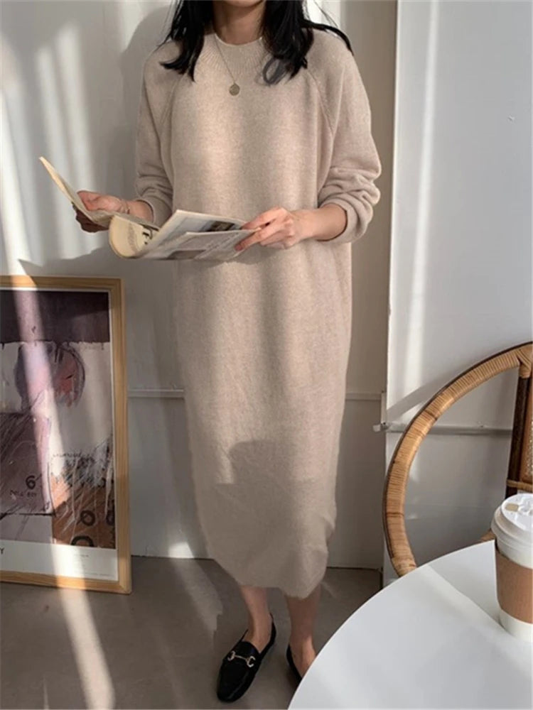 REALEFT Autumn Winter 2023 New O-Neck Casual Loose Knitted Dress Female Straight Long Sleeve Oversize Sweater Womens Long Dress