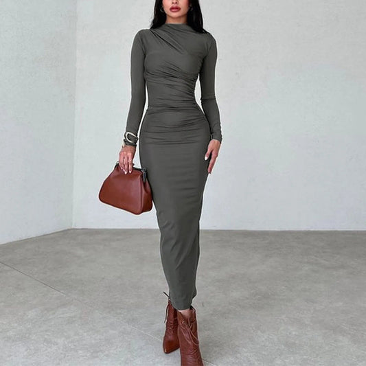 Women Bodycon Maxi Dresses Fall New Long Sleeve Sexy Ruched Neck Slim Fit Cocktail Party Dress Elegant Gentle Temperament Dress