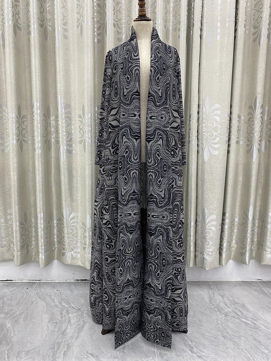 Miyake Pleated Vintage Printed Turn-down Collar Long Sleeve Long Jacket Women Designer Abaya New Dubai Style Plus Size Coats