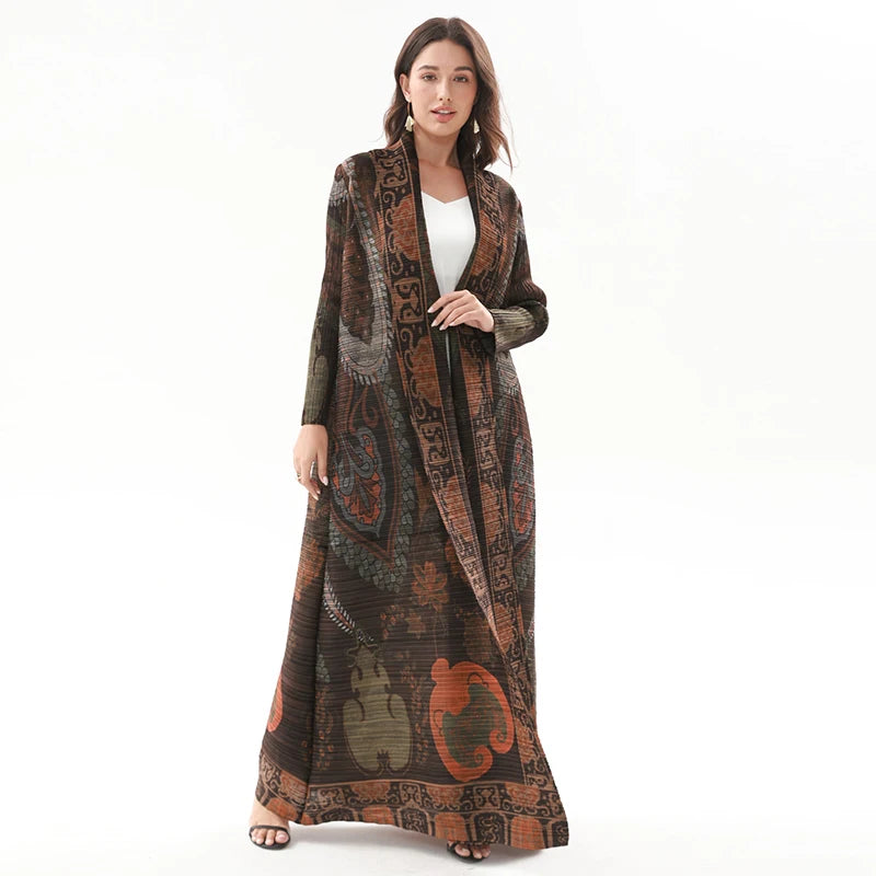 Miyake Pleated Vintage Printed Turn-down Collar Long Sleeve Long Jacket Women Designer Abaya New Dubai Style Plus Size Coats