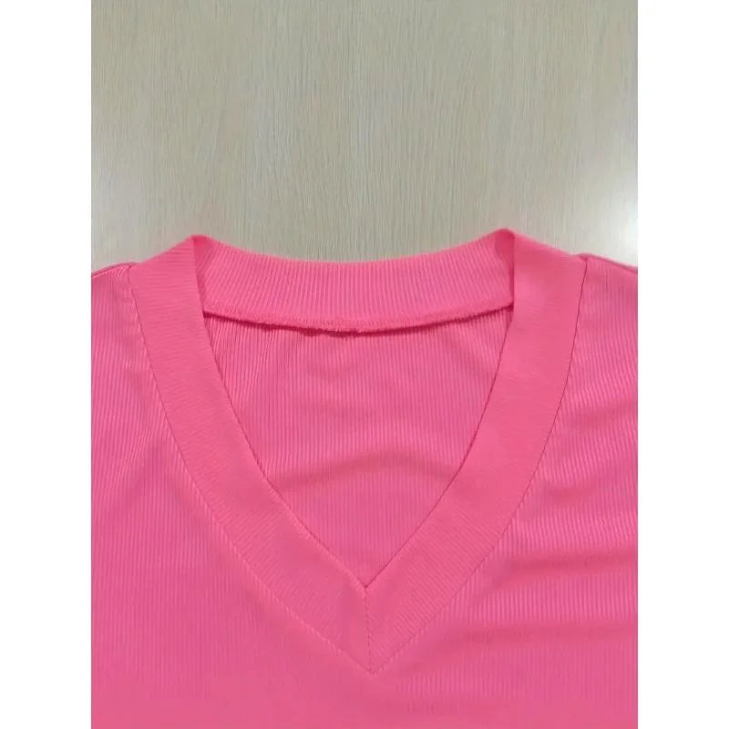 Summer Plus Size Casual V-neck Women's T-shirt Fashionable Solid Color Micro Elastic Women's Short Sleeved Top