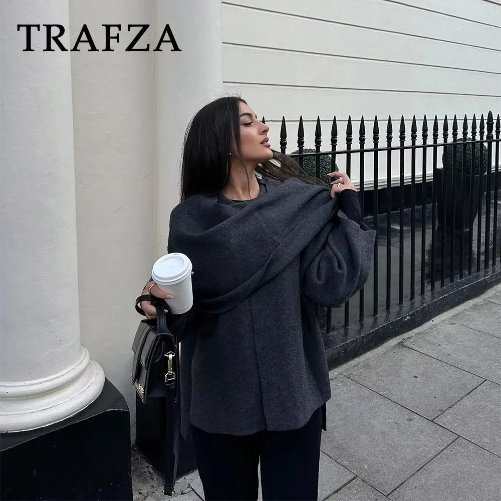 TRAFZA 2024 Autumn Winter Women Casual Knitted Jacket Fashion Solid Streetwear Loose Scarf Collar Demi-season Jacket For Women