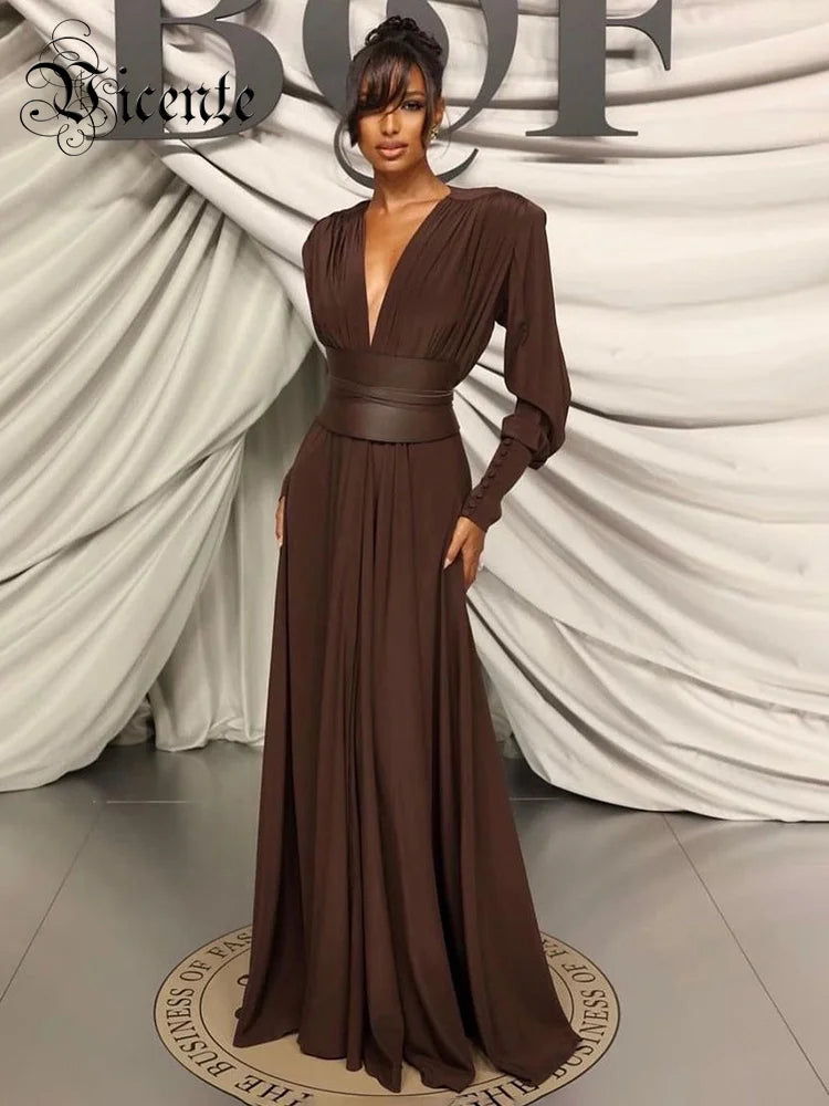 VC 2024 Spring Fashion Dresses For Women Plunging V Neck High Waist Belt Long Sleeves Wedding Party Dress Brown Gowns