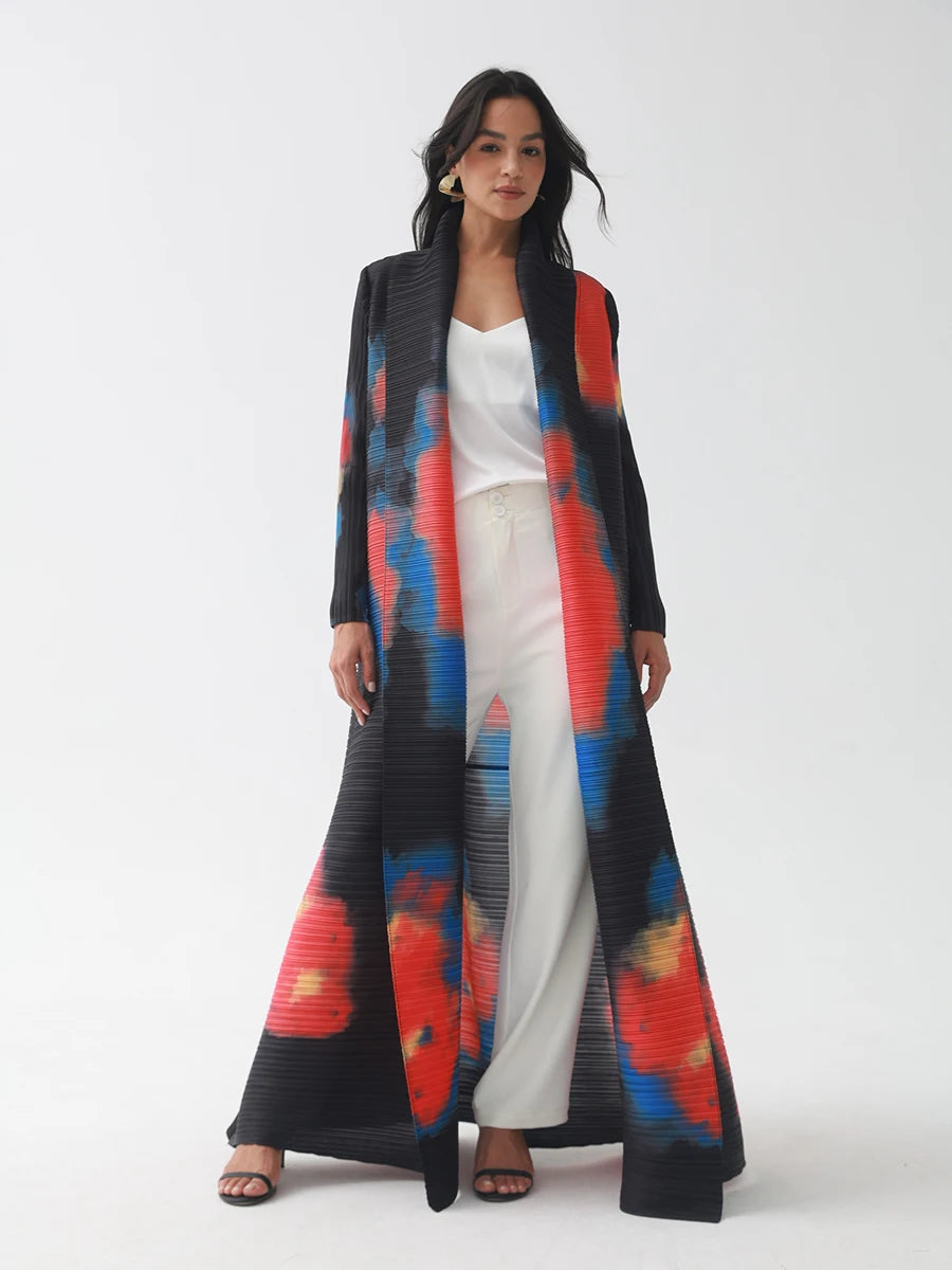 Miyake Pleated Vintage Printed Turn-down Collar Long Sleeve Long Jacket Women Designer Abaya New Dubai Style Plus Size Coats