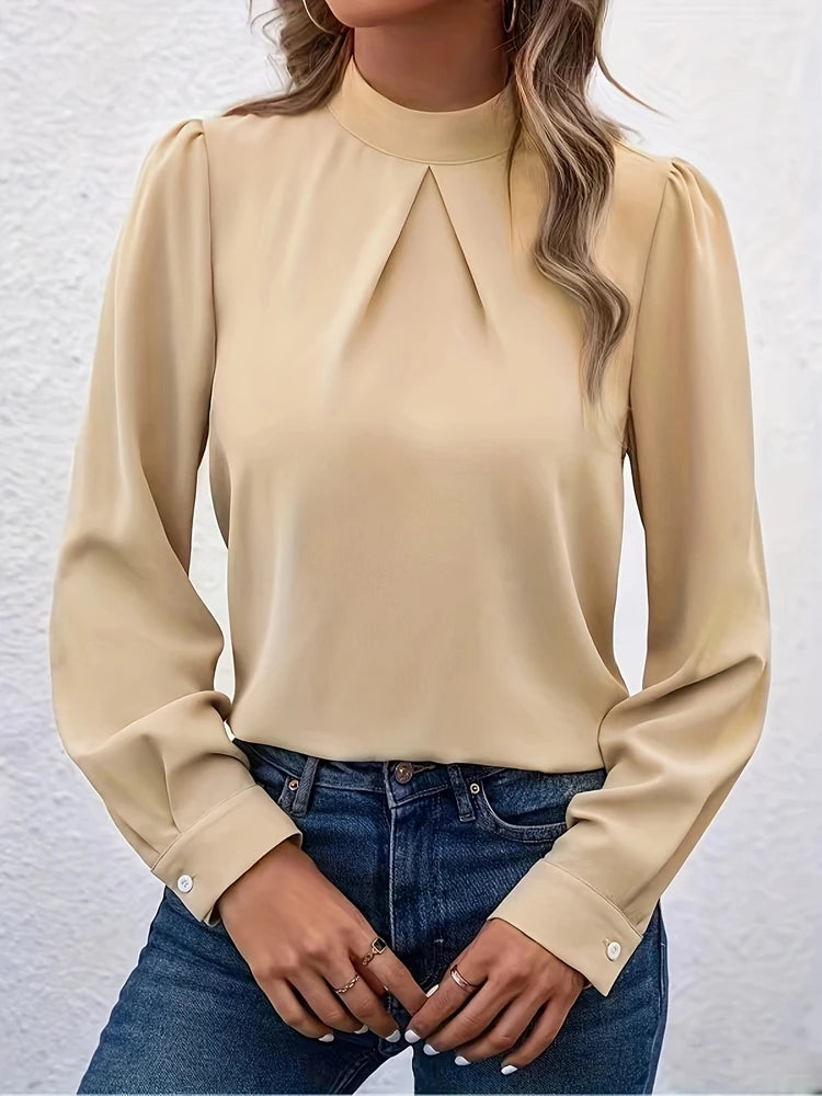 New Plus Size Women's Solid Color Stand Up Collar Bubble Sleeve T-shirt Women's Fashionable Top Shirt