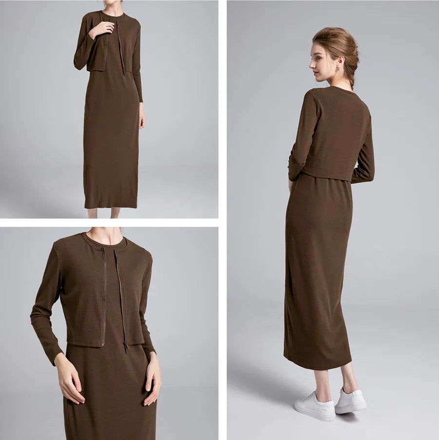 AS woman clothes zipper cardigan Maxi Length long dress nature fiber brand ribbing fabric clothing ( Ship out in 1 day