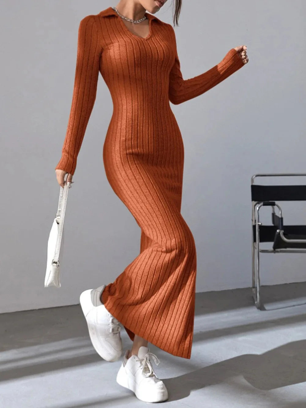 2024 Europe And The United States Autumn And Winter New Knitted Slim-Fit Lapel Long Sleeve Pit Strip Solid Color Tight Dress