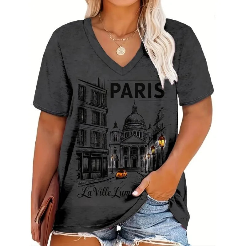 Spring and Summer Women's Plus Size Clothing Plus Size Printed T-shirt Casual Short Sleeved Round Neck Top