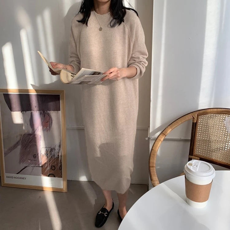 REALEFT Autumn Winter 2023 New O-Neck Casual Loose Knitted Dress Female Straight Long Sleeve Oversize Sweater Womens Long Dress