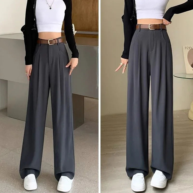 Women Fashion Suit Pants Lady Baggy High Waist Wide Leg Breathable Trousers Lady Straight Leg Slacks Gray Coffee Classic Pants