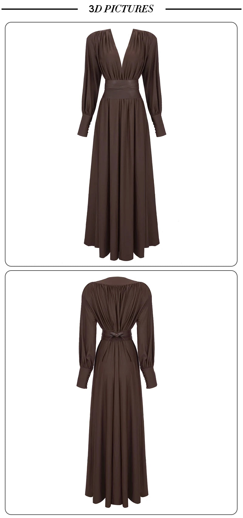 VC 2024 Spring Fashion Dresses For Women Plunging V Neck High Waist Belt Long Sleeves Wedding Party Dress Brown Gowns