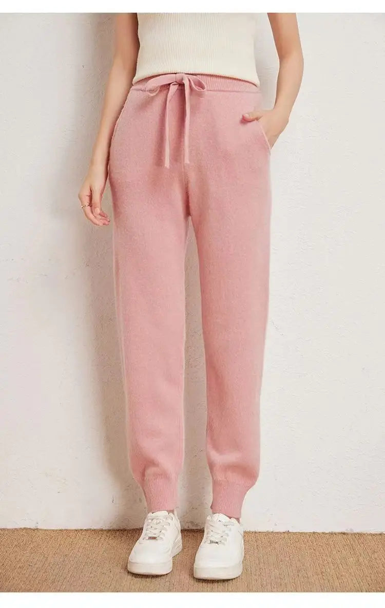 Women's 100% Wool Knitted Trousers, Casual Sports Sweatpants, Korean Version, Small Leg Pants, Female Cashmere Fashion Pants